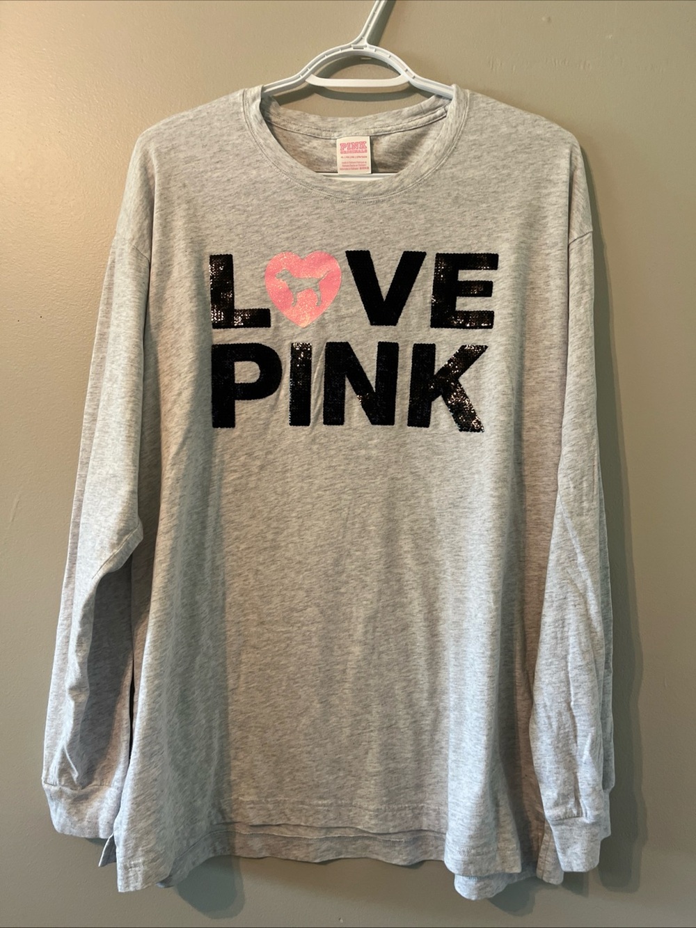 NEW Victoria's Secret VS PINK Long Sleeve Campus Tee Shirt XL BLING SEQUINS Grey